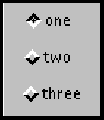 按垂直排列方式显示三个复选框，其标签分别为 one、two、three。复选框 one 处于 on 状态。