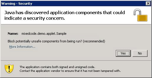 Screen shot of Mixed Code Warning Dialog